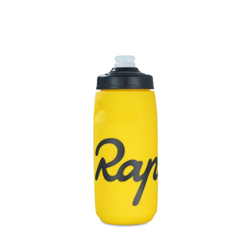 620ml yellow Rapha cycling water bottle with black lid and black logo, BPA-free and soft-squeeze, perfect for active hydration